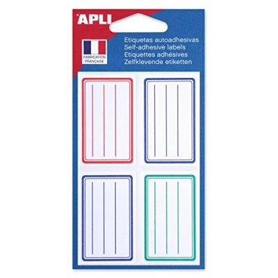 Image of APLI 101096 School Labels 36 x 56 mm Ruled with Rounded Corners Pack of 24 Blue/Red/Green