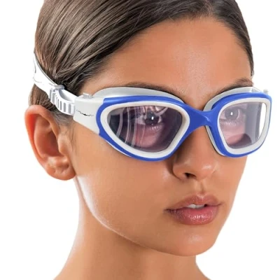 Image of AqtivAqua Swimming Goggles Adult and Kids 6 14 Men Women Swim Childrens Boys Girls DX H (White&amp;Blue frame, Blue case, Photochromic lens)