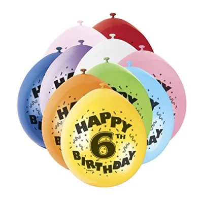 Image of Unique Party 80305 9&quot; Latex Assorted Happy 6th Birthday Balloons, Pack of 10