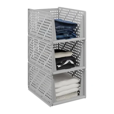 Image of Relaxdays Wardrobe Organiser, Set of 3, Stackable Storage Boxes, 24.5 x 33.5 43.5 cm, Pull Out Design, Grey