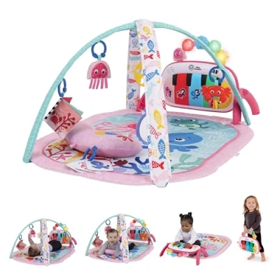 Image of Baby Einstein Ocean Explorers 4 in 1 Play Gym &amp; Tummy Time Mat, Mat with Kick Piano, Music Language Discovery, Sensory Toys, Lights Sounds, for Newborns Up, Pink (Jellyfish Jamboree)