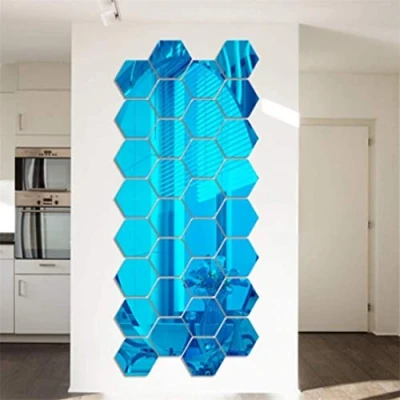 Image of Hexagon Mirror Wall Stickers, 12PCS Art DIY Home Decorative 3D Hexagonal Acrylic Sheet Plastic Tiles for Living Room Bedroom Sofa TV Setting Decoration (Blue)