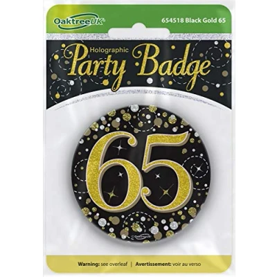Image of OakTree 3&quot; Badge 65th Birthday Sparkling Fizz Black Gold Holographic