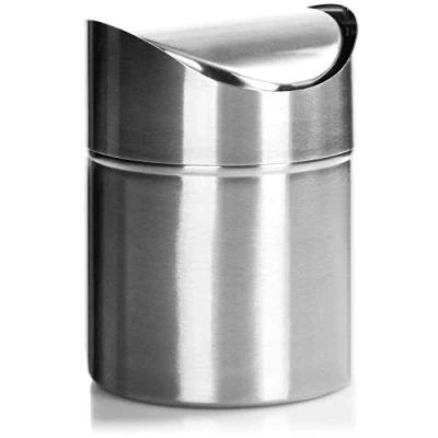 Image of com four® waste bin with swing lid, elegant table made of stainless steel, compact cosmetic for the bathroom, kitchen (silver colored steel)