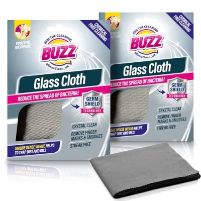Image of 2pk Buzz Glass Cloth with Germ Shield: Streak Free Cleaning Cloth, Microfibre Glasses Cleaner Unique Texture Reduce Bacteria Spread and Window