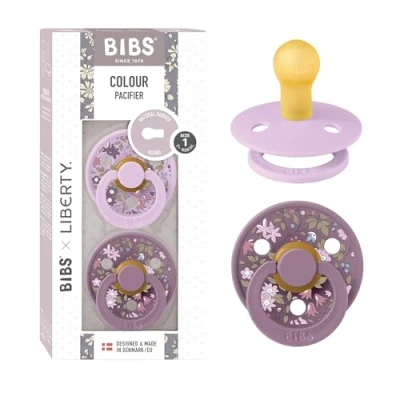 Image of BIBS Liberty Pacifier 2 Colour Natural Rubber Latex Soothers BPA Free Dummy Round Nipple Designed &amp; Made in Denmark Chamomile Lawn Violet Sky