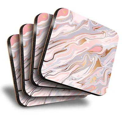 Image of Destination Vinyl ltd Great Coasters (Set of 4) Square Pink Grey Art Deco Marble Drink Glossy Coasters/Tabletop Protection for Any Table Type #14723