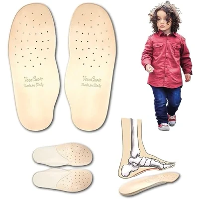 Image of Genuine Leather Orthopaedic Insoles for Children with Arch Support and Latex Heel Riser Italian Product Anti Odour Sweat Insole, Flat Feet Plantar Fasciitis (EU 33 EU)