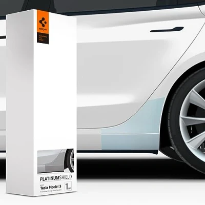 Image of Spigen PlatinumShield Auto Paint Protection Film for Tesla Model 3 (2022 2025) Fender, 1 set (Left piece, Right squeegee, cleaning cloth), Transparent, All inclusive
