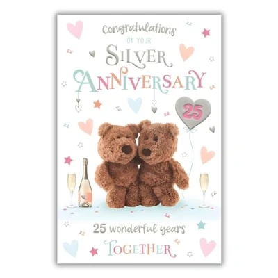 Image of Silver Anniversary Card 25th 25 Wonderful Years Special Finishes Barley Bear Teddy Design Illustrated Insert Leaf Made in the UK Eco Friendly