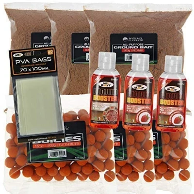 Image of DNA NEW Carp Coarse Fishing Tackle Complete Bait Set with 3x 200g Boilies 500g Groundbait + 50ml Liquid Boosters and 70x100 PVA Bags