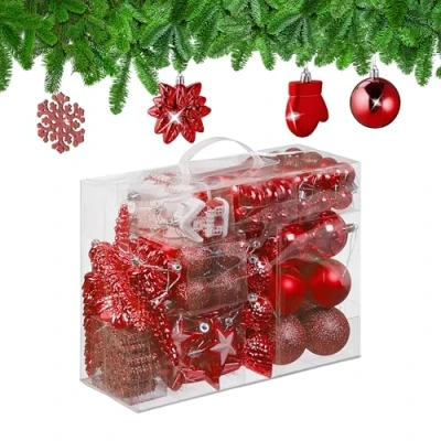 Image of Relaxdays 100x Christmas Ornaments, Baubles, Glittering, Matte &amp; Shiny, Tree Decorations, Plastic, 10 Designs, Red, 24 x 30 12 cm