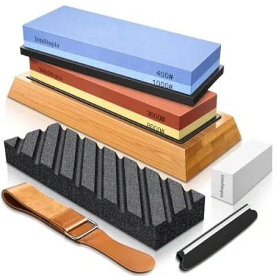 Image of Intelitopia Complete Knife Sharpening Stone Set Dual Grit Whetstone 400/1000 3000/8000 Sharpener with Leather Strop, Flattening Stone, Bamboo Base, 3 Non Slip Rubber Bases &amp; Angle Guide