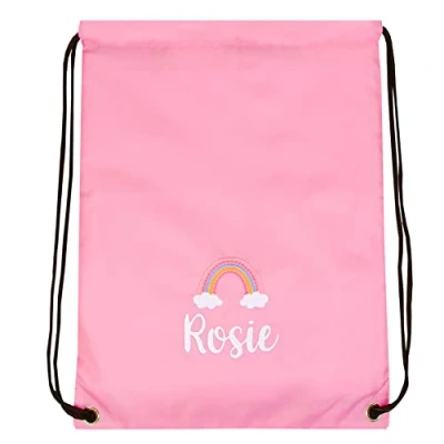 Image of TeddyTs Personalised Rainbow School Sports PE Drawstring Swimming Bag (Baby Pink), 45cm x 33cm