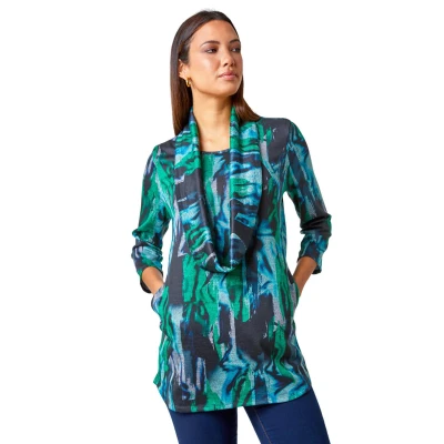 Image of Roman Originals Tunic Top with Snood for Women UK Ladies Jersey Blouse Smart Winter 3/4 Sleeve Party Occasion Autumn Spring Work Flattering Evening Going Out Everyday Green Size 10