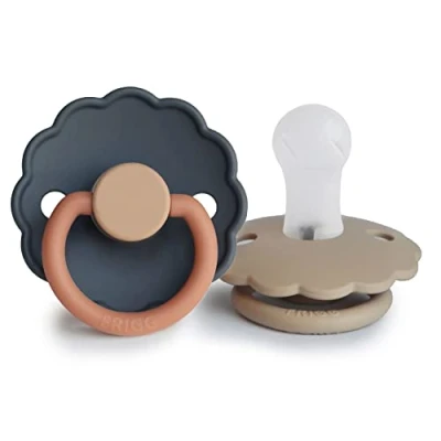 Image of FRIGG Daisy Silicone Pacifier Pack of 2 Soother Dummy BPA Free Made in Denmark Symmetrical Cherry Shaped Nipple (Cream/Powder Blush, Size 1 (0 6 Months))