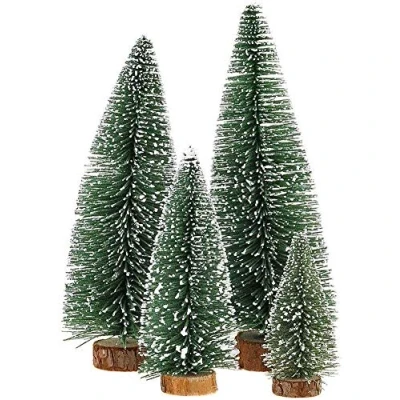 Image of Miniature Christmas Tree, Mini Ornaments Tabletop Trees, miniture snowing pin trees with Wooden Bases for Holiday Party Home Decor Decorations (Plant green 4PCS)
