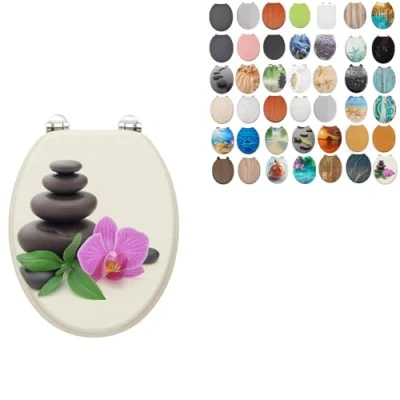 Image of 18&quot; MDF Toilet SEAT Universal Adjustable Fit Most Toilets Oval Seat┃Bathroom Standard Wooden WC +Fittings (Zen Spa Theme)