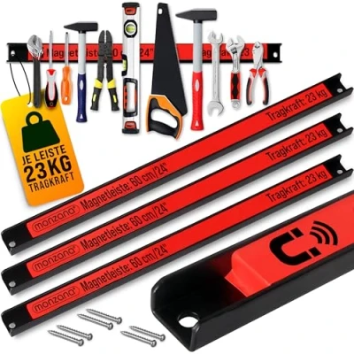 Image of DEUBA® Set of 3 Magnetic Strips 3x 60cm Length 23kg Load Capacity Including Mounting Material Efficient Tool Storage Garage Workshop Shed