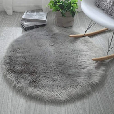 Image of HARESLE Faux Fur Round Rug Sheepskin Rugs Fluffy White Floor Carpet for Bedrooms Living Room, Grey/Diam 20 inch