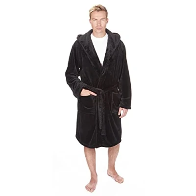 Image of Pierre Roche Mens Flannel Fleece Hooded Dressing Gown Bath Robe Soft Warm Winter Luxury M XXL Black
