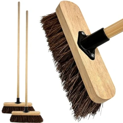 Image of 10 Outdoor Garden Broom with Wooden Handle Natural Stiff Bassine Hard Bristle Durable Support Bracket Yard Brush Heavy Duty Cleaning Sweeping (PACK OF 2)