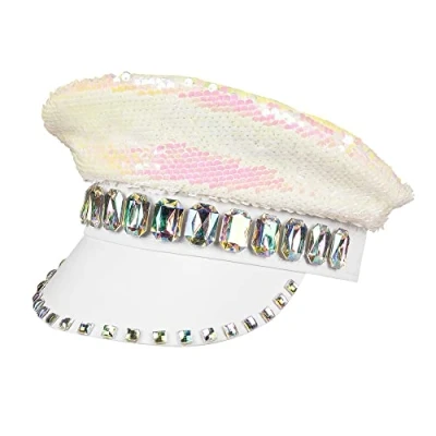 Image of Boland 33021 Sandy Candy Hat, White/Silver, with Reversible Sequins and Gemstones, Rock Star, Punk Lady, Costume, Carnival, Theme Party,One Size