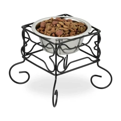 Image of Relaxdays Dog Bowl, Elevated Feeding Stand, 700 ml Volume, Iron &amp; Stainless Steel, HWD: 19 x 22 cm, Black/Silver