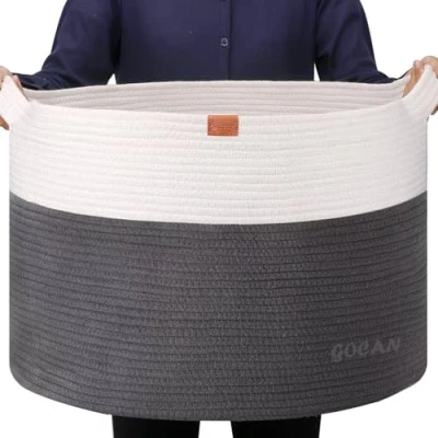 Image of GOCAN Extra Large storage baskets to make hampers D55XH35cm woven basket laundry with Handles For washing clothes bathroom grey