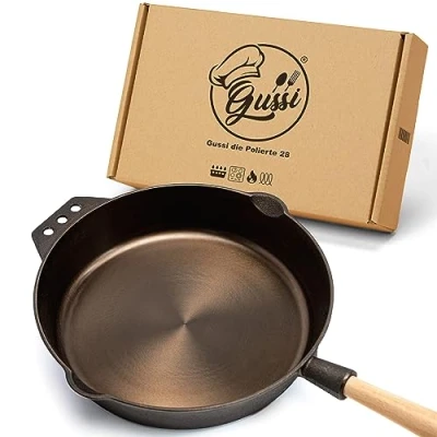 Image of GuSSi® Cast Iron Pan 28 cm Polished Uncoated for Gas Grill Induction &amp; Oven with High Rim Frying Removable Handle