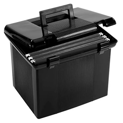 Image of Pendaflex Portable File Box with Rails, Hinged Lid Double Latch Closure, Black, 3 Black Letter Size Hanging Folders Included (41742AMZ)