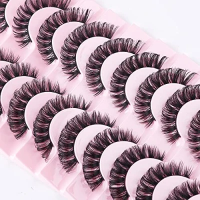 Image of False Eyelashes Russian Strip Lashes Natural Fluffy Wispy D Curly 10 Pairs Reusable Fake Faux Mink Thick Short Soft Eyes Lash