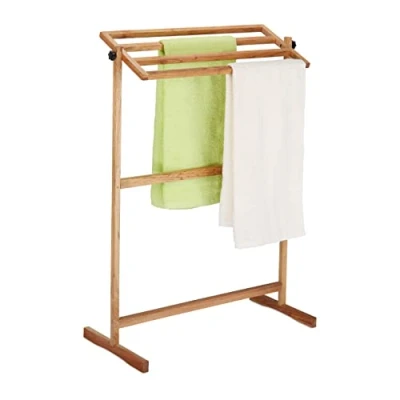 Image of Relaxdays Free Walnut Wood Towel Holder, HxWxD: 98 x 66 31 cm, Airing Stand for Laundry and Clothes, Natural, 100%