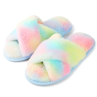 Image of riemot Slippers Women Fluffy Slipper Memory Foam Cross Band Furry Open Toe Ladies Soft Fur Warm Plush Home Anti Slide House Shoes for Girls Indoor Outdoor,Rainbow,UK 7 8