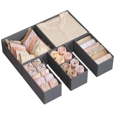 Image of SONGMICS Drawer Organisers, Dresser Dividers, Set of 6, Foldable Fabric Storage Boxes for Socks, Underwear, Bras, Ties, Scarves, Slate Grey RDZ06G