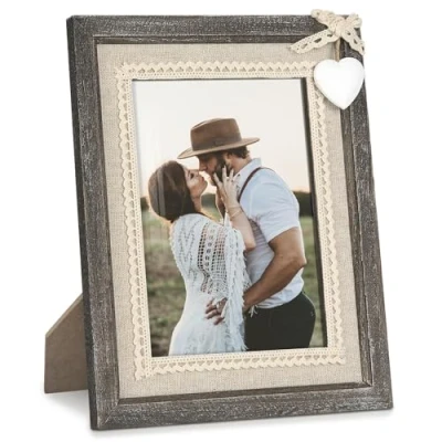 Image of Afuly 7x5 Photo Frame Distressed Wood with White Heart 5 x 7 Rustic Picture Frames for Christmas Mom Grandma Couple Family Friends Wedding Birthday Gifts
