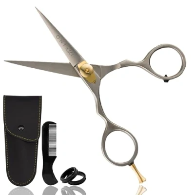 Image of ONTAKI 5.5&quot; Beard Moustache Scissors Professional Japanese Steel Comb Carrying Pouch Mustache Trimming Hand Forged Bevel Edge Precision Men Facial Hair Grooming Kit Body Silver Gold