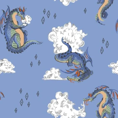 Image of Muriva Cath Kidston Peace Dragon Wallpaper Modern for Kids Bedroom, Playroom &amp; Nursery Decorative Luxury Wall Paper with Colourful Illustrated Sipping Tea (Blue)