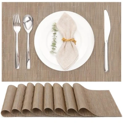 Image of Myir JUN Table Mats Set of 8, Place Placemats Washable Non slip Heat Insulation Woven Vinyl for Kitchen Dinning Restaurant 18&quot;X12&quot; (Brown)