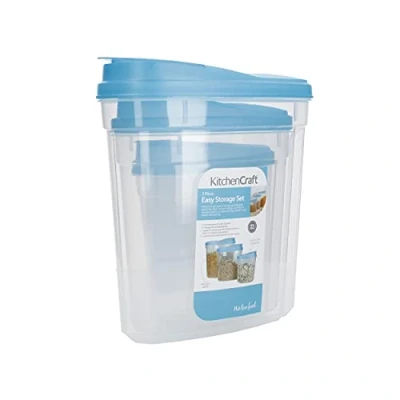 Image of KitchenCraft Plastic Dry Food Storage Containers with Clip Lids for Cereal, Pasta, Rice, BPA Free, Set of 3, Black
