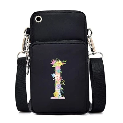 Image of FINDING CASE initial letter Printed Women Girls men Zipper Waterproof Nylon 3 Layers Crossbody Bags Wallet Cellphone Purse Shoulder Bag Wristlet Handbags Adjustable Strap (pink I)