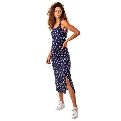 Image of Roman Originals Women Floral Print Jersey Maxi Dress Ladies Spring Daywear Summer Holiday Square Neckline Side Split Comfy Dresses Navy Size 20