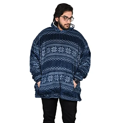 Image of True Face Blanket Hoodie Unisex Oversized Ladies Sherpa Fleece Ultra Plush Hooded Sweatshirt Blue Asterisk One Size