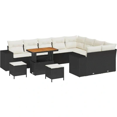 Image of vidaXL 12 Piece Garden Sofa Set with Cushions Black Poly Rattan Acacia