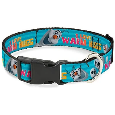 Image of Buckle Down Plastic Clip Collar Olaf Pose I LOVE WARM HUGS Stripe Blues 1&quot; Wide Fits 15 26&quot; Neck Large