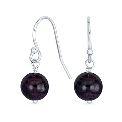 Image of Simple Plain Round Bead Dark Purple Amethyst French Fish Hook Wire Ball Drop Earrings For Women.925 Sterling Silver February Birthstone