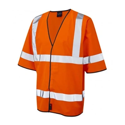 Image of Leo Workwear Gorwell Knitted Polyester Hook &amp; Loop Hi Vis Half Sleeve Waistcoat, X Large, Orange