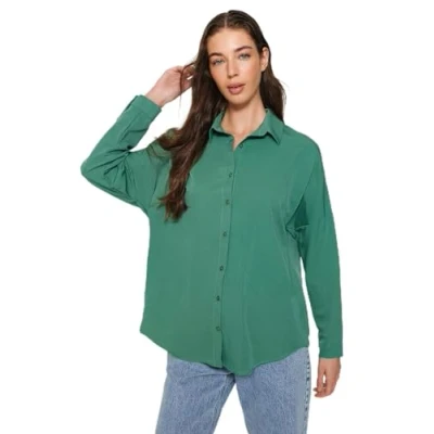 Image of Trendyol Women&#039;s Straight Long Sleeve Plus Size Shirt, Khaki, 10