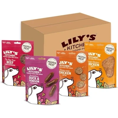 Image of Lily&#039;s Kitchen Natural Dog Treats Multipack Beef Mini Burgers, Duck and Venison Sausages, Chicken Bites &amp; Jerky (8 x 70 g)