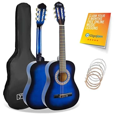 Image of 3rd Avenue 1/2 Size Kids Classical Guitar Spanish Nylon String Beginner Pack Bundle 6 Months FREE Lessons, Bag, Strings Blue